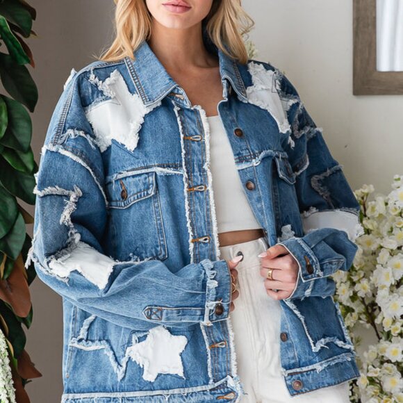 O&H Oversized Star Patchwork Denim Jean Jacket - Picture 8 of 10